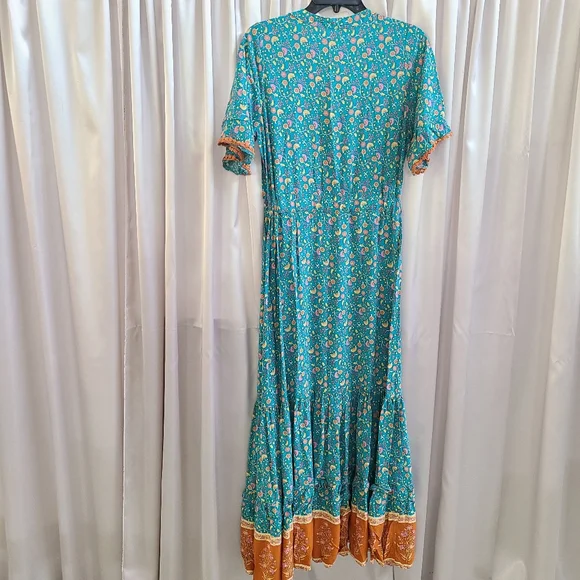 R. Vivimos Teal and Orange Maxi Dress Size Medium - Picture 3 of 3